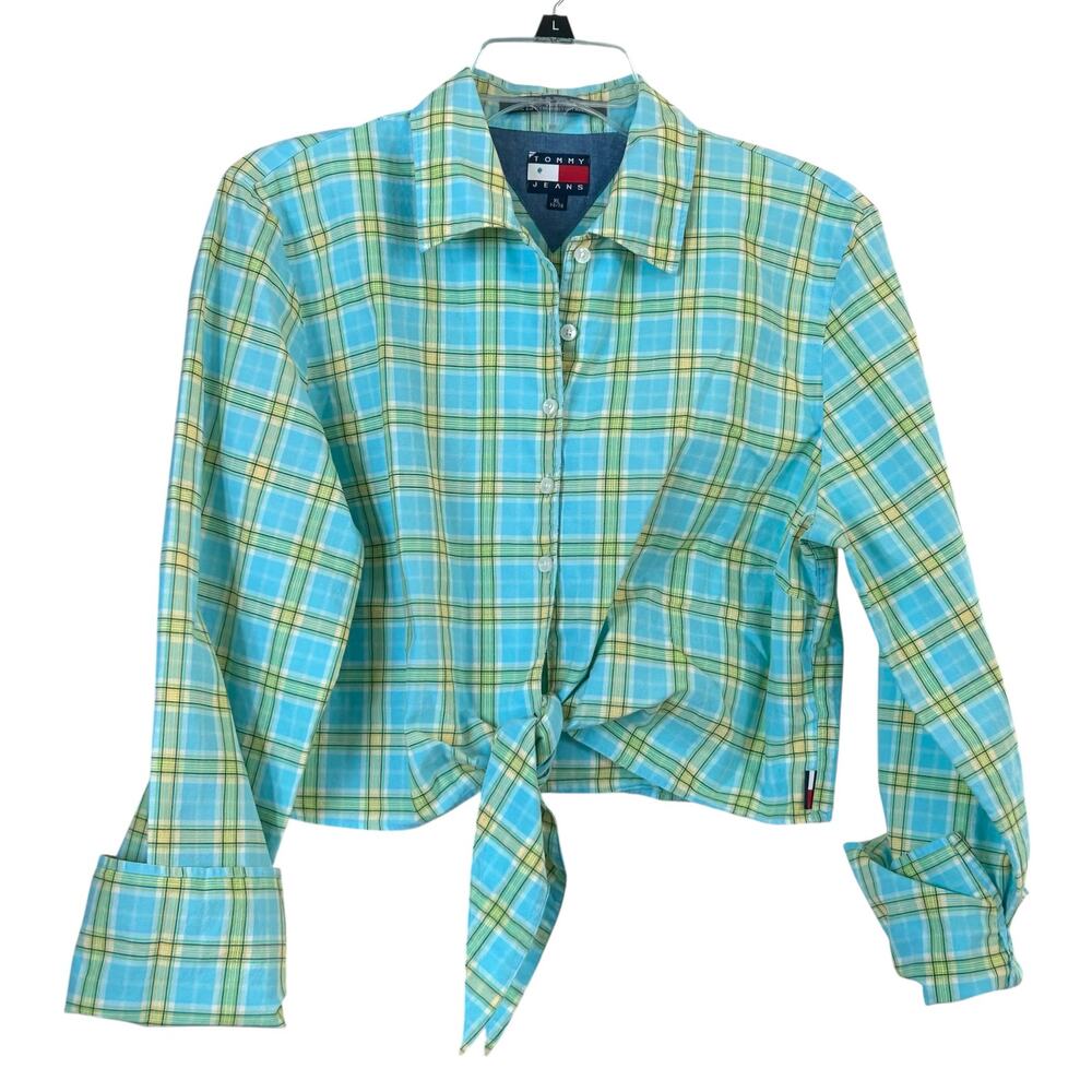 Tommy Hilfiger Women's Versatile Green Blue Plaid Button Down Cropped Preppy Top